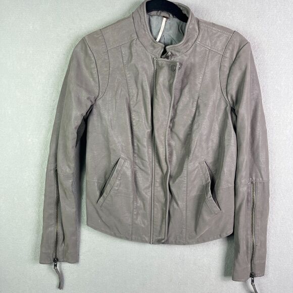 Free People Faux Vegan Leather Moto Jacket 6 Gray Wool Blend Crop Zip Sleeves - Picture 1 of 10